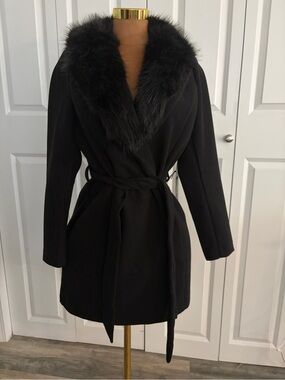 Haute Monde Black Wool Wrap Trench with Faux Fur Collar